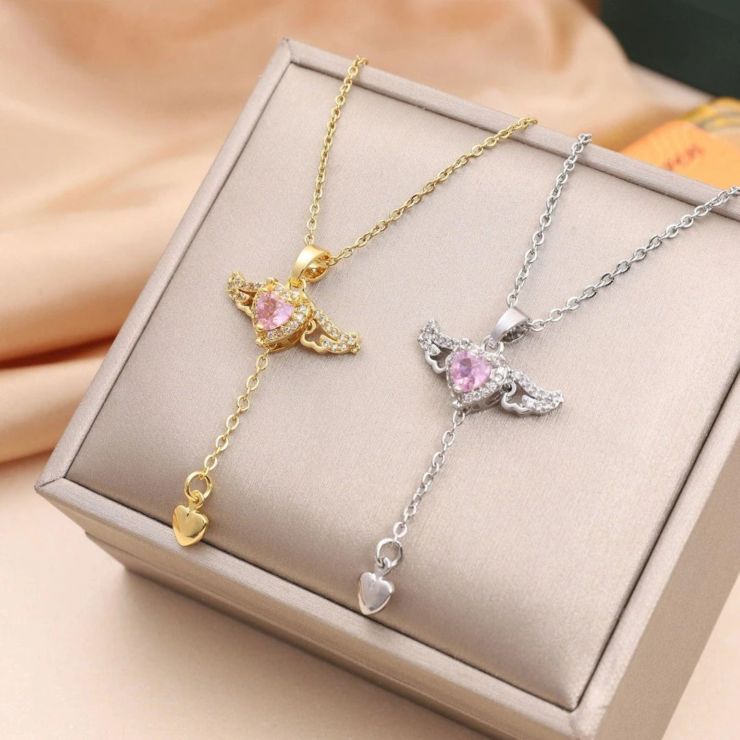 14 Ayar Altın Kaplama Kristal Kalp Melek Kanadı Kolye - Swaroza