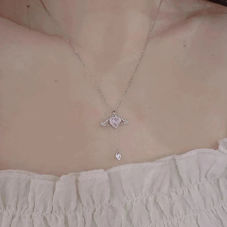 14 Ayar Altın Kaplama Kristal Kalp Melek Kanadı Kolye - Swaroza