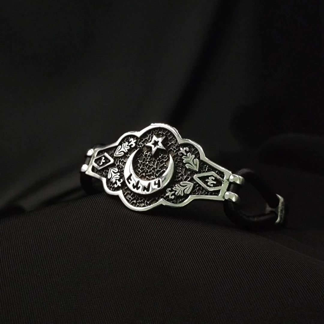 Ay Yıldız Göktürkçe Türk Yazılı Gümüş İşlemeli Bileklik - Swaroza