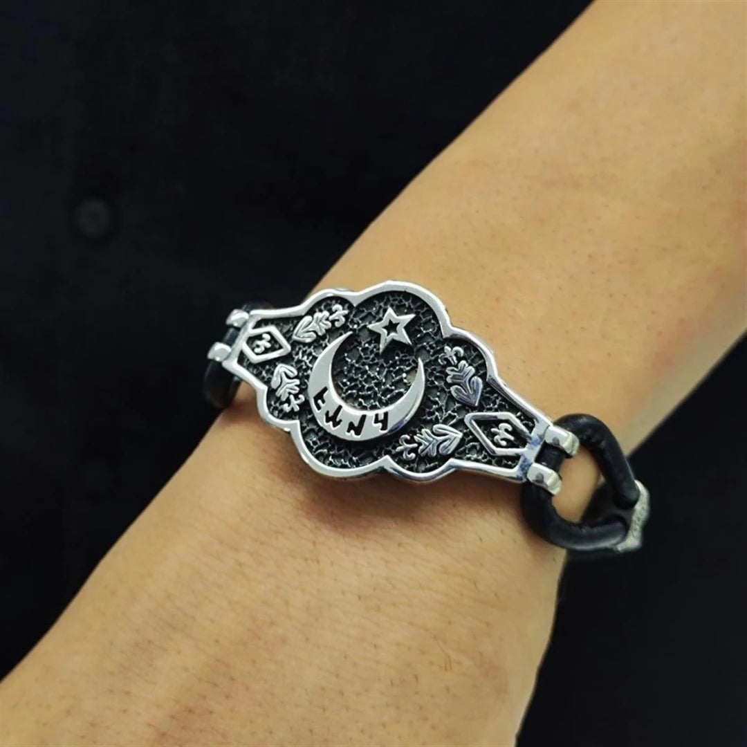 Ay Yıldız Göktürkçe Türk Yazılı Gümüş İşlemeli Bileklik - Swaroza