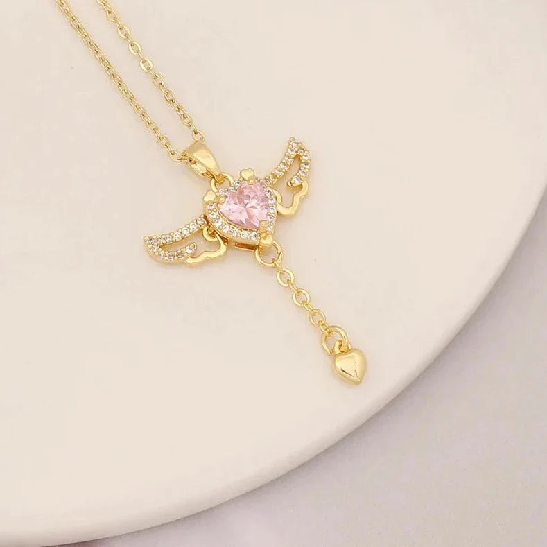 14 Ayar Altın Kaplama Kristal Kalp Melek Kanadı Kolye - Swaroza
