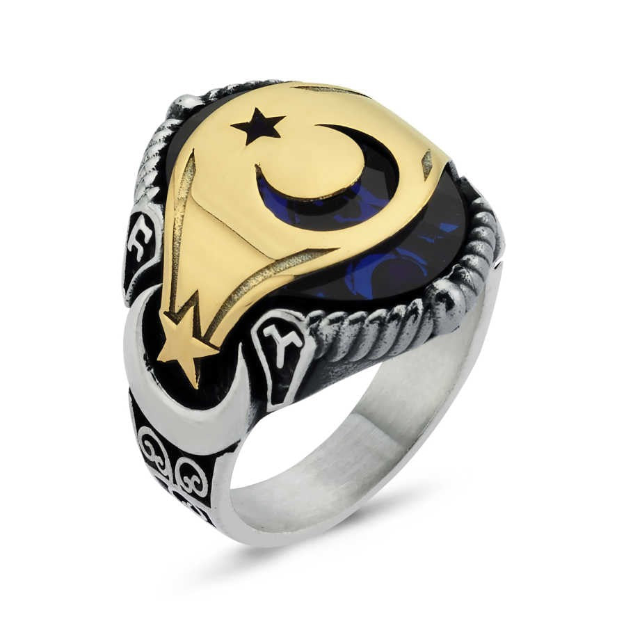 Ay Yıldız Motifli Göktürkçe Türk Yazılı Erkek Gümüş Yüzük - Swaroza