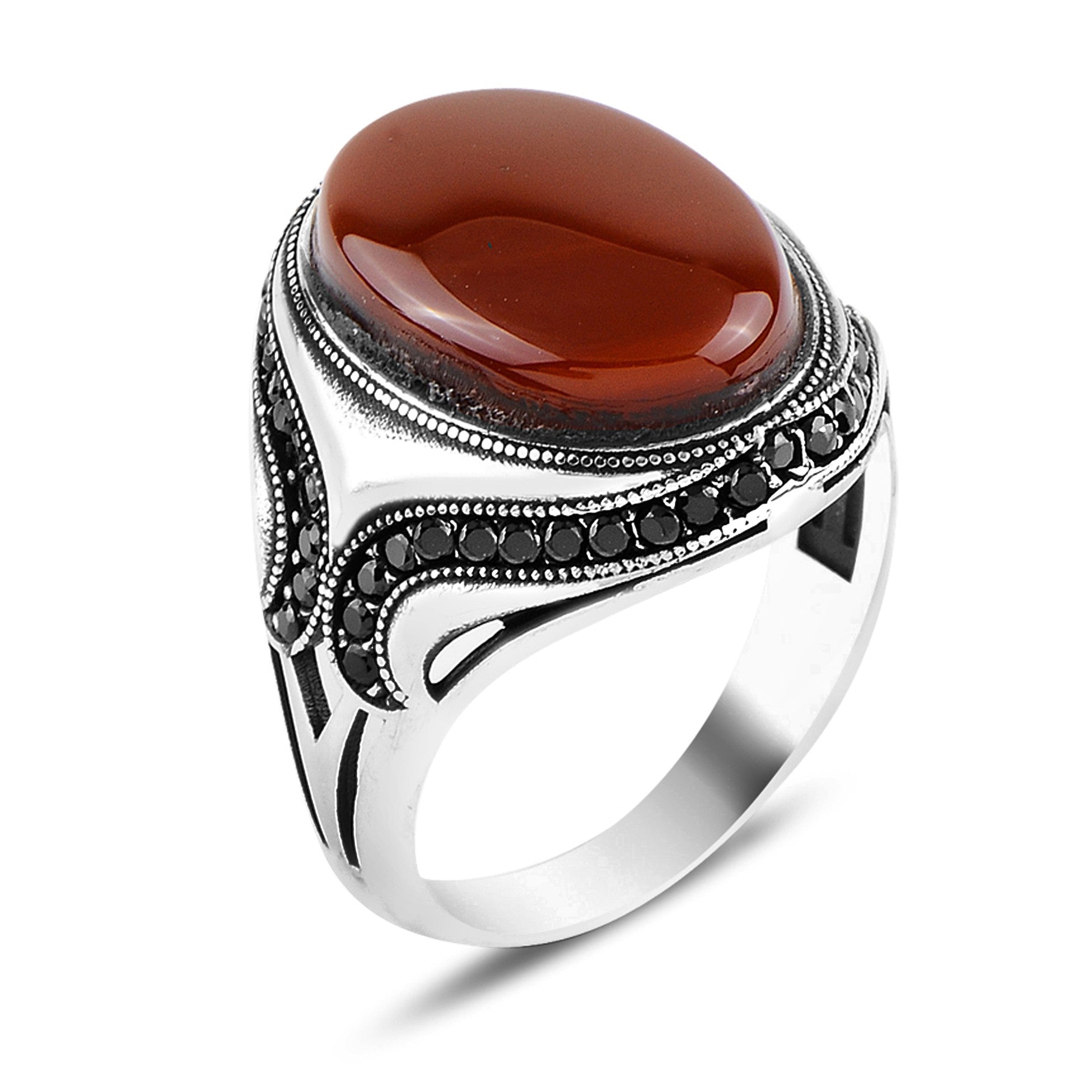 Akik Taşlı Yanları Sıralı Zirkon Taşlı Gümüş Erkek Yüzük - Swaroza