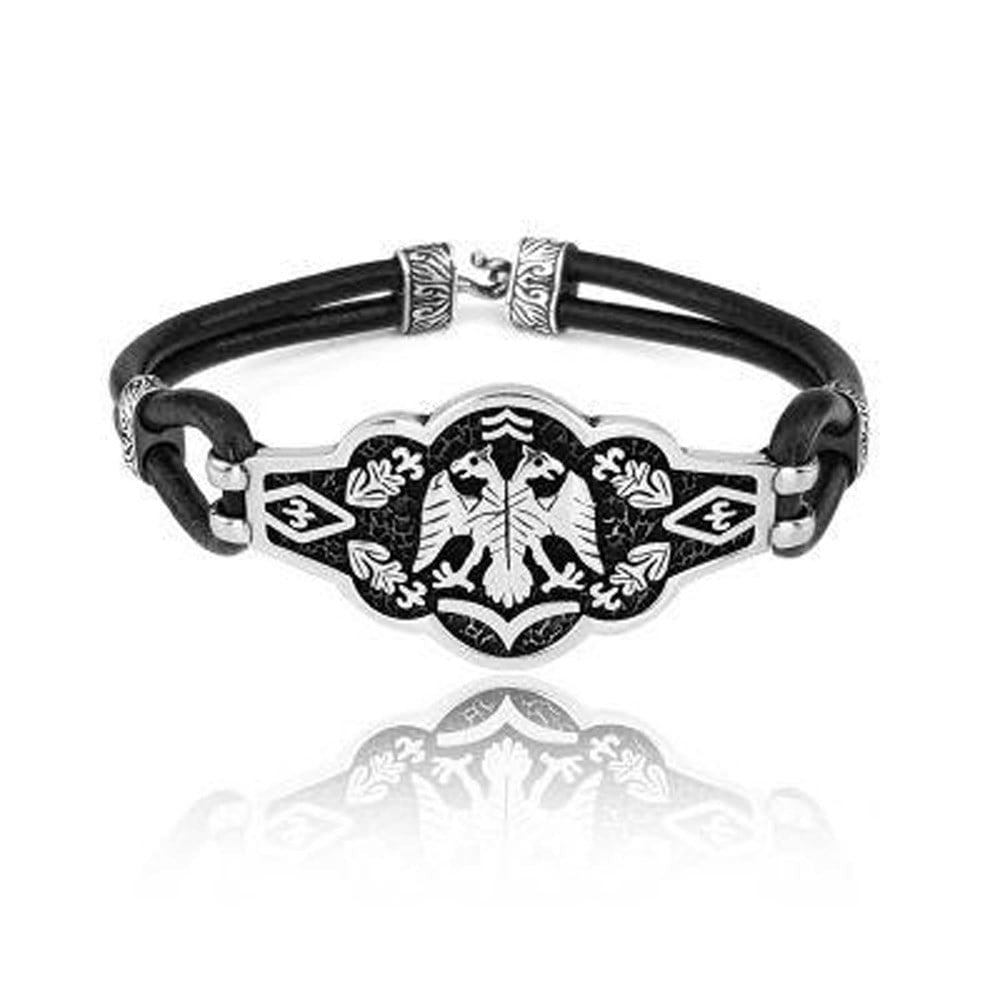 Çift Başlı Kartal Motifli Gümüş İşlemeli Bileklik - Swaroza