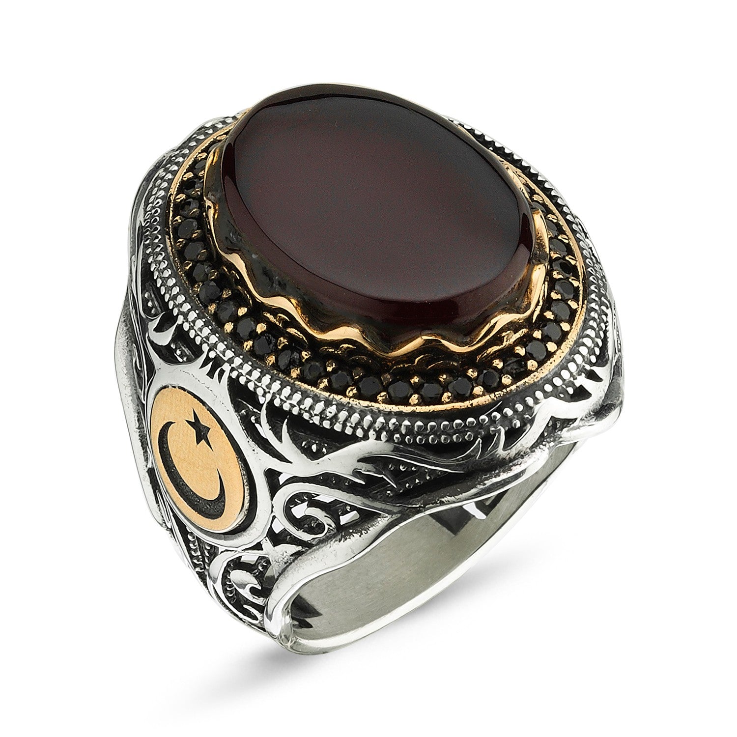 Ay YıldızIı Kehribar Taşlı Gümüş Erkek Yüzük - Swaroza