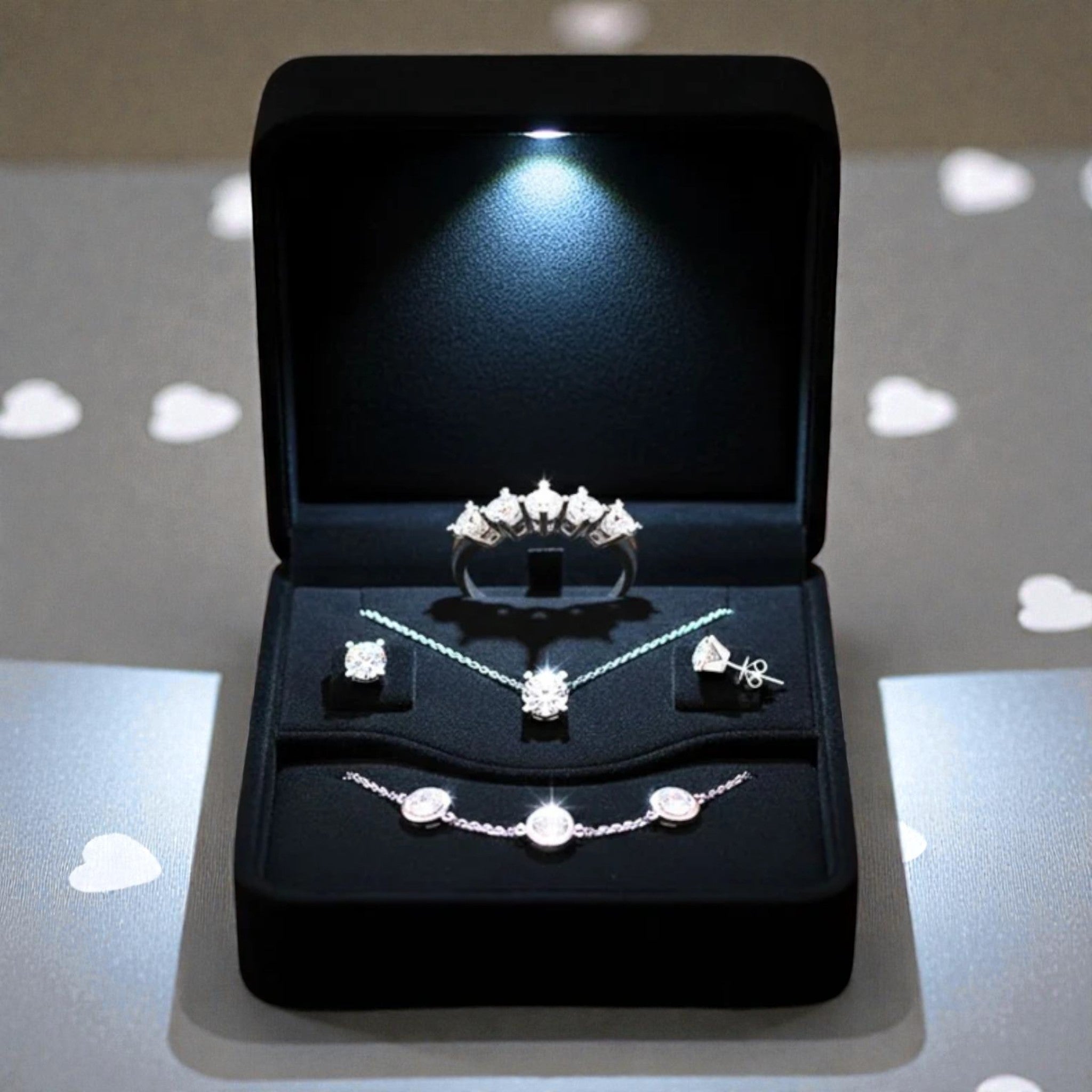 5'li Lüks Aşk Pırlanta Takı Seti 18 Ayar Beyaz Altın Kaplama