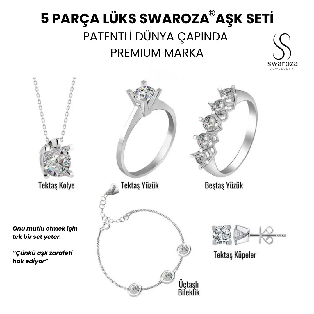 5'li Lüks Aşk Pırlanta Takı Seti 18 Ayar Beyaz Altın Kaplama